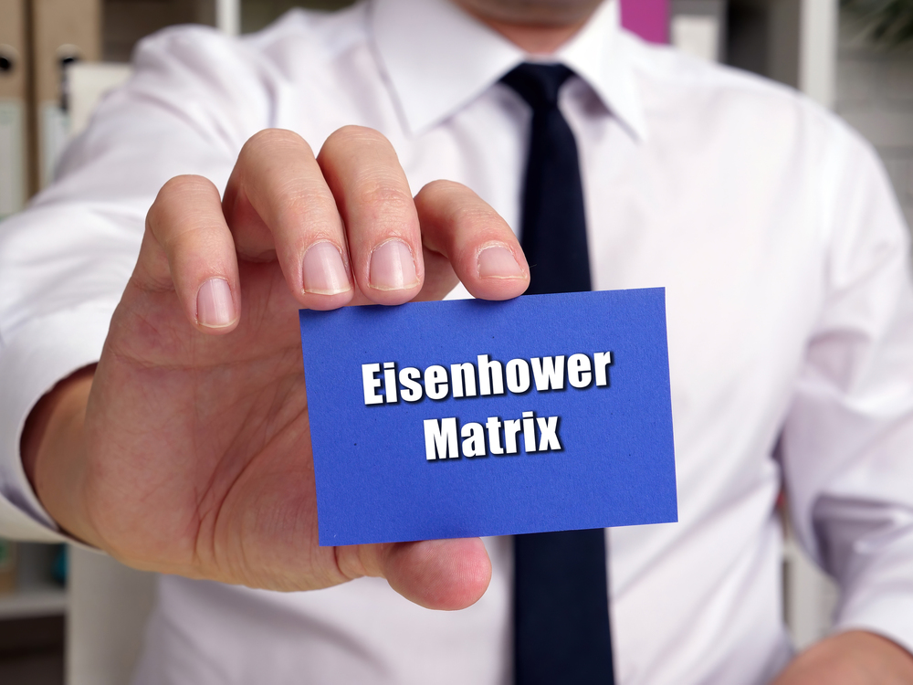 A man holding a blue card towards the camera with the words Eisenhower Matrix on it