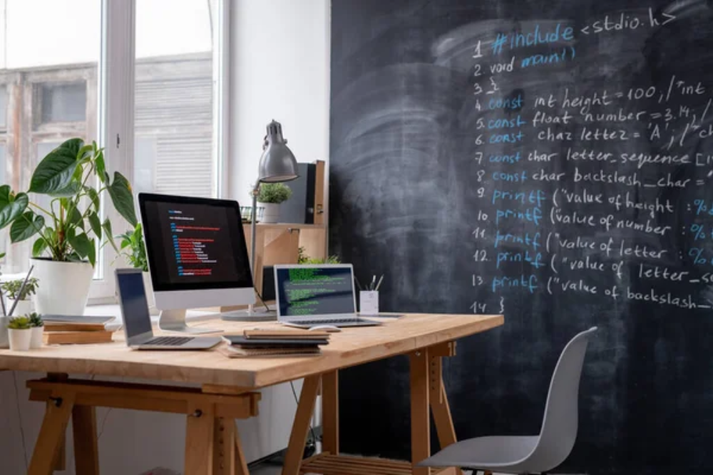 A work desk with computers in front of a blackboard covered in writing showing the concept of batch processing